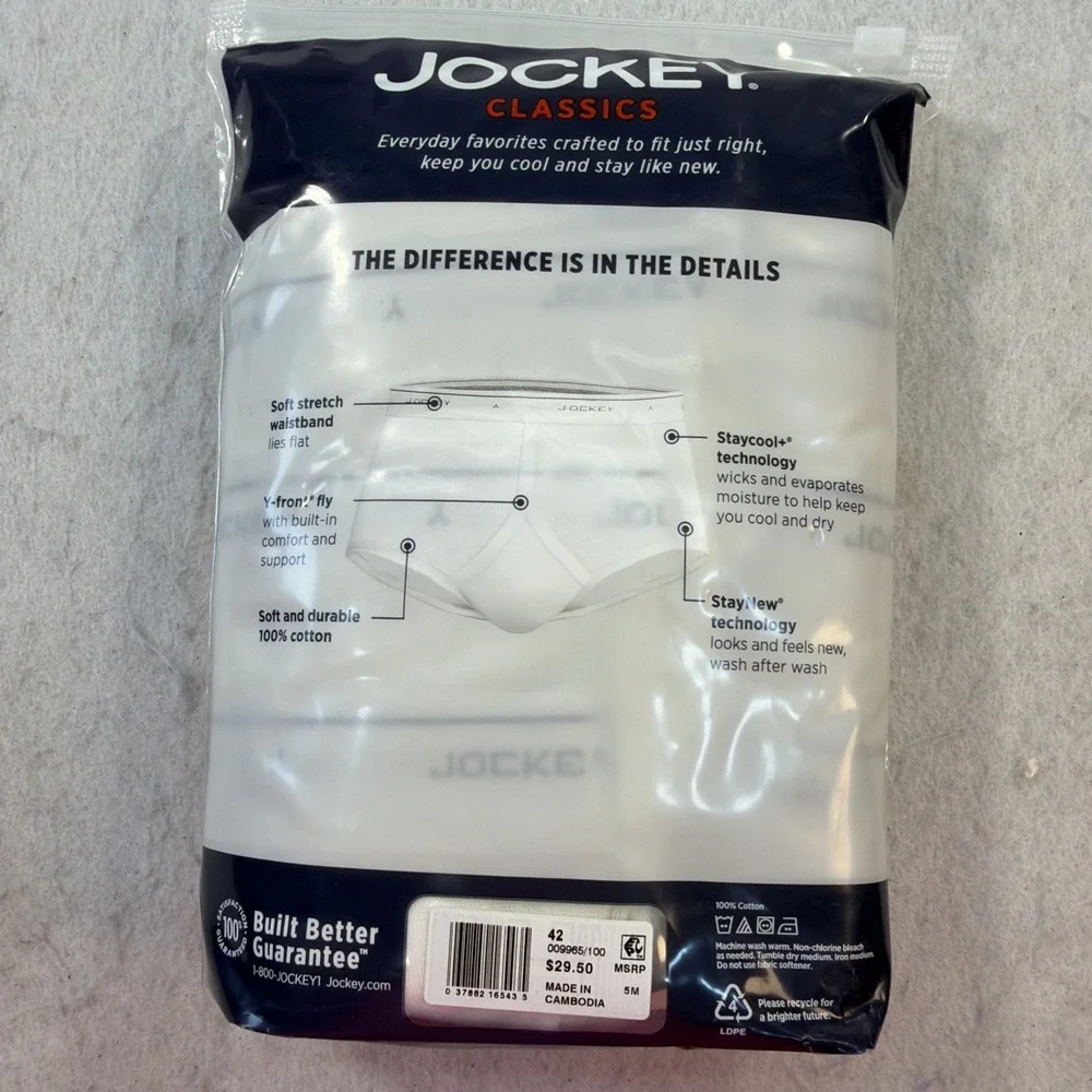 JOCKEY Classics 4-Pack Men's Full-Rise Briefs White Cotton Size 42 New In Packag